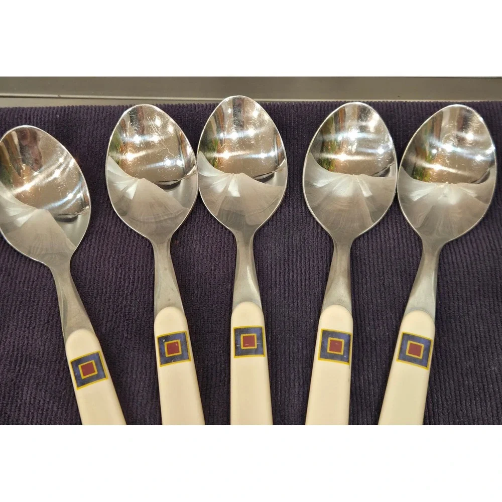 Pfaltzgraff Atalya Stainless Tablespoons Colbalt/Cream Geometric Set/5 Vintage